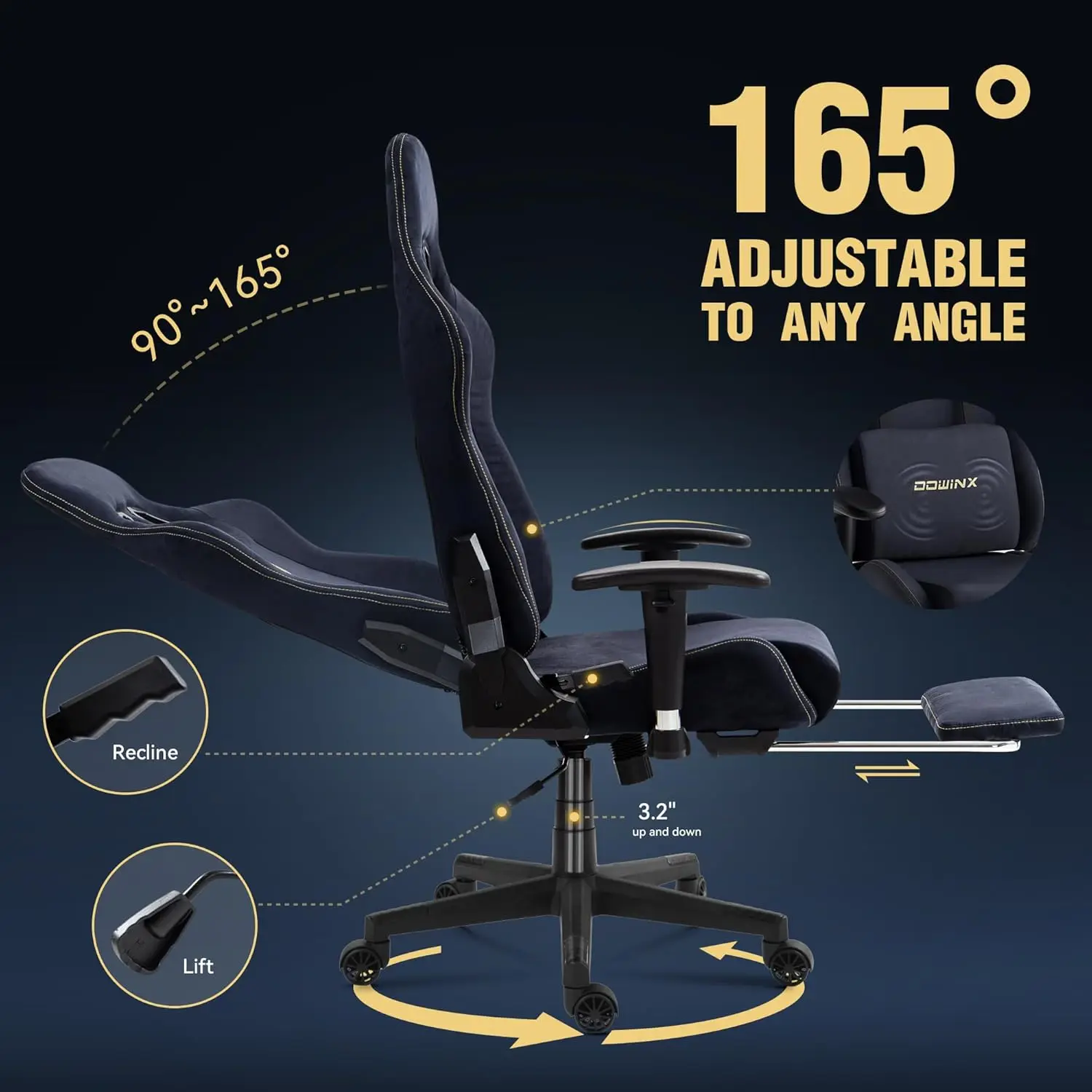 Dowinx Gaming Chair with Massage Lumbar Support, Suede Fabric Ergonomic Computer Chair with Footrest for Adults image 6