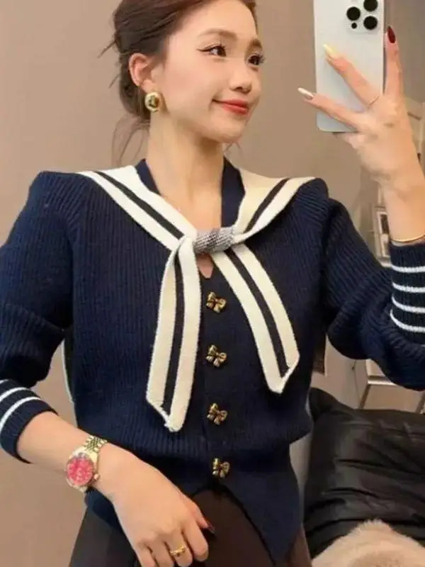 Korean Style Navy Collar Knitted Sweater Women's Fashionable Slim Fit Inner Wear Shoulder Shawl Autumn Winter New Arrival Ver...