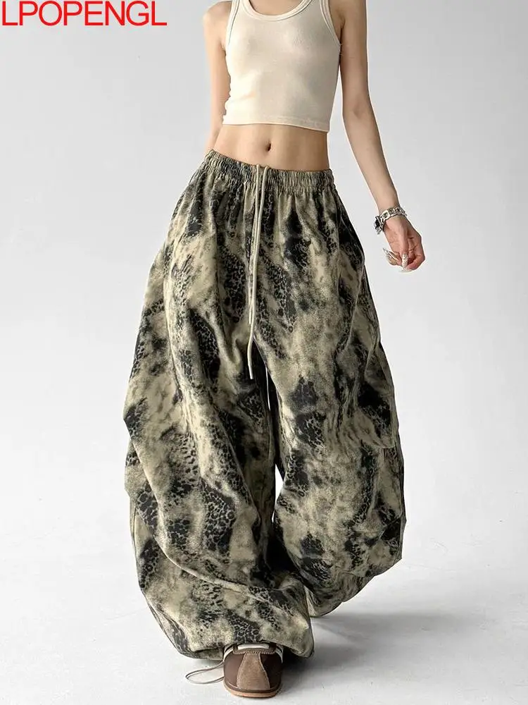Fashionable Vintage Streetwear Wide Leg Pants Women Summer 2026 New Loose Casual Elastic Waist Personality Oversized Trousers