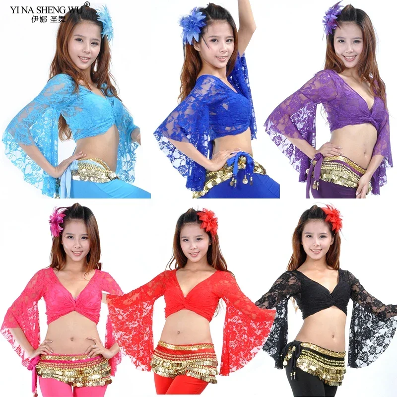 Blusa de renda para dança do ventre, manga borboleta, prática de dança, xale, renda com cadarço para mulheres adultas, manga trompete, blusa de dança quadrada