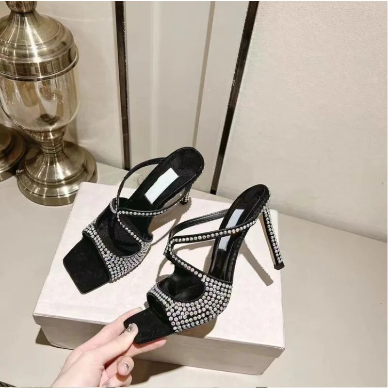 2023 Summer Square Toe Thin Heel Silk Fashion Slippers Hollow Rhinestone Set High Heel Women\'s Slippers Heels Women Sandals