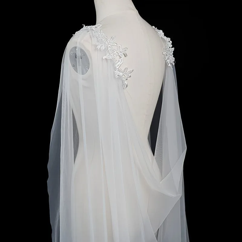 Long Flowing Mesh Bridal Cloak Paired with Fairy Cape for Wedding Ceremony Paired with Shoulder Covering Shawl Accessories