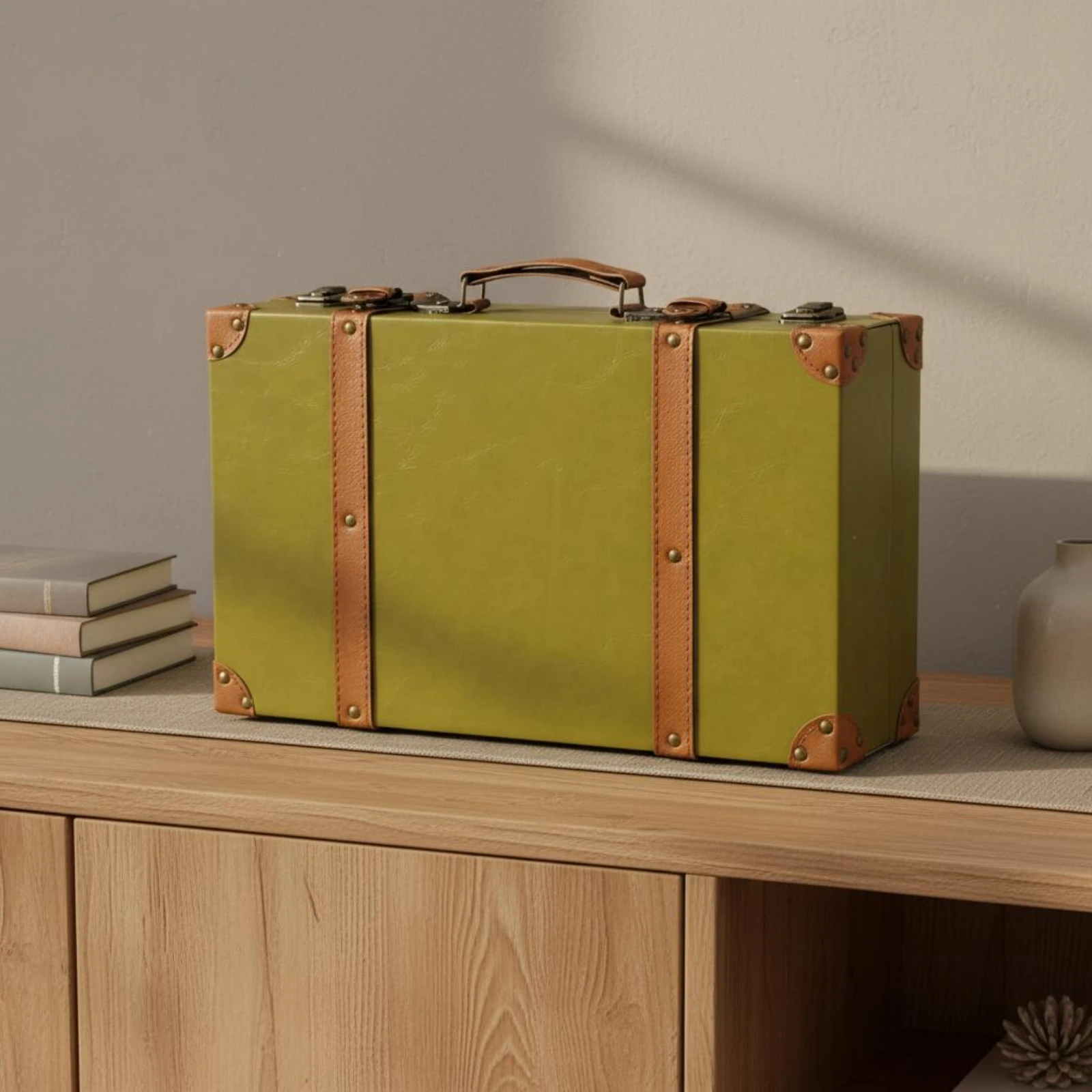 Suitcase-Shaped Storage Box Leather-Like Vintage Suitcase Box Textured Finish Rivet Accent