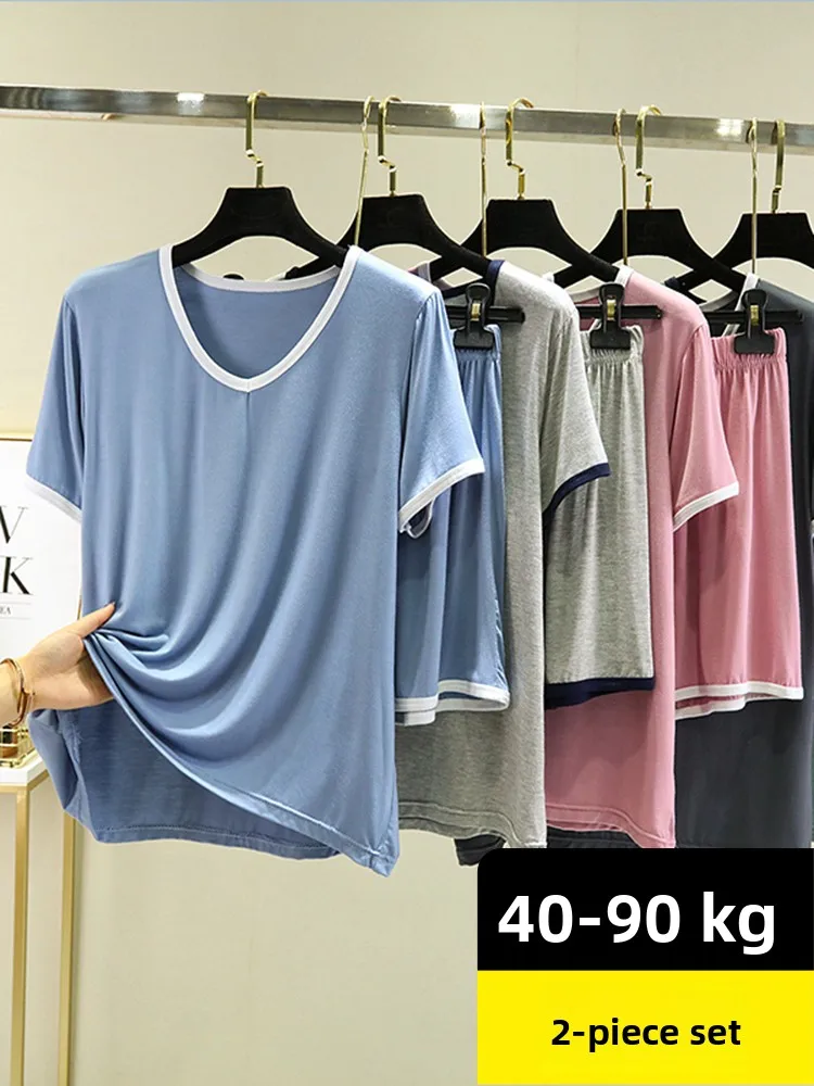 

Summer Modal Women's Loose Short Sleeve T-Shirt Shorts Pajamas Set Ice Silk Home Clothes Outerwear Comfortable Breathable