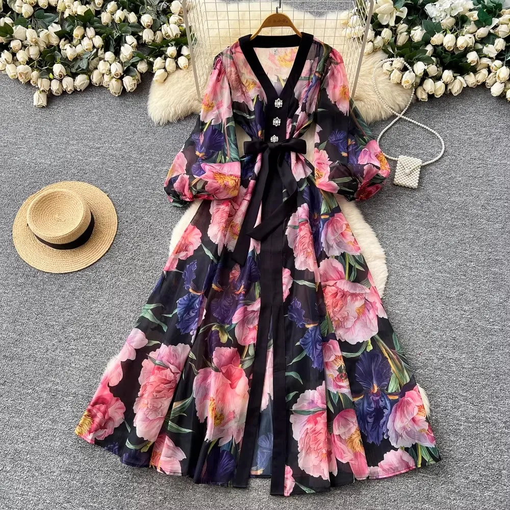 

Summer Bohemian Floral Chiffon Dresses for Women Runway V-Neck Long Lantern Sleeve Sashes Beach Holiday Vestidos Boho Robes