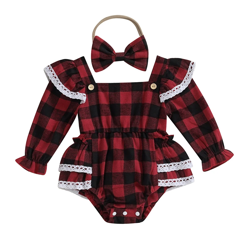 

0-18M Baby Girls Christmas Casual Romper Red Long Sleeve Ruffle Plaid Romper with Headband Newborn Clothes