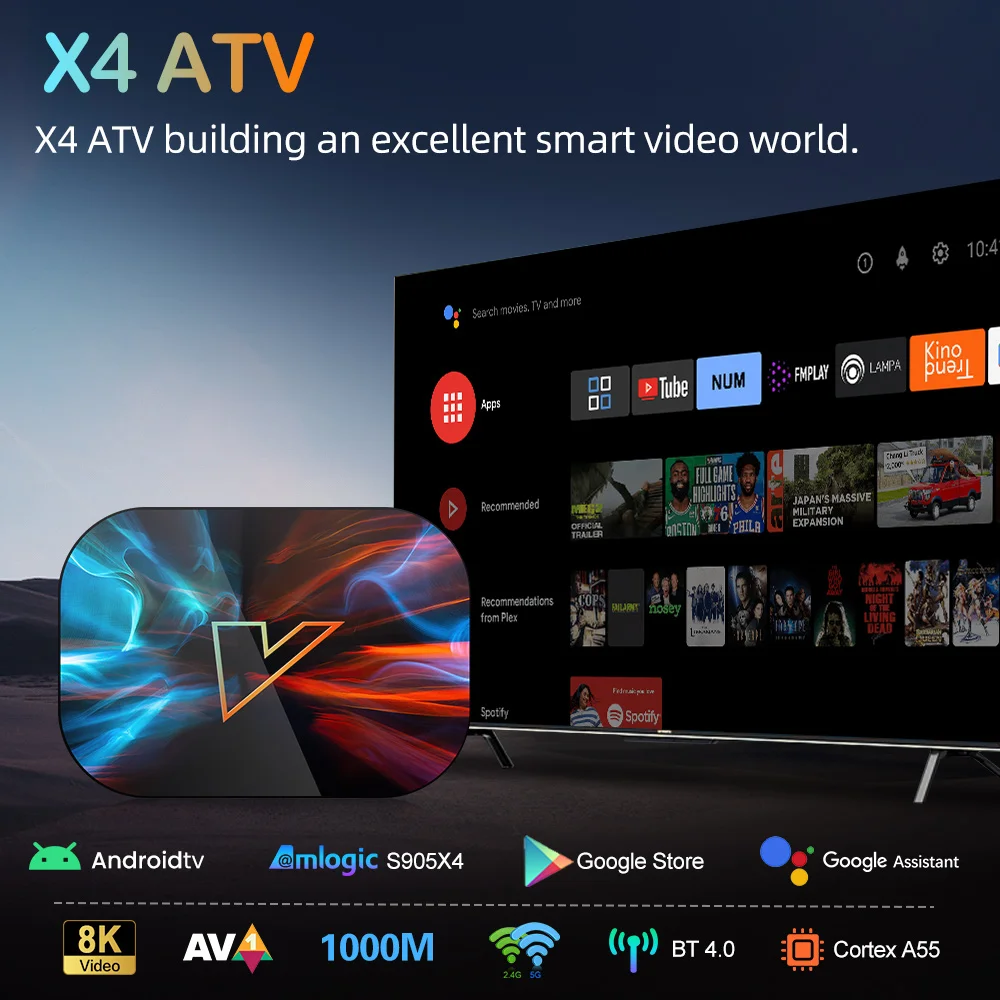 X4 ATV androidtv 11.0 صندوق التلفزيون الذكي Amlogic S905X4 يدعم إدخال الصوت Google 4K @ 60fps AV1 1000M LAN Dual Wifi DDR3 4GB eMMC 32G
