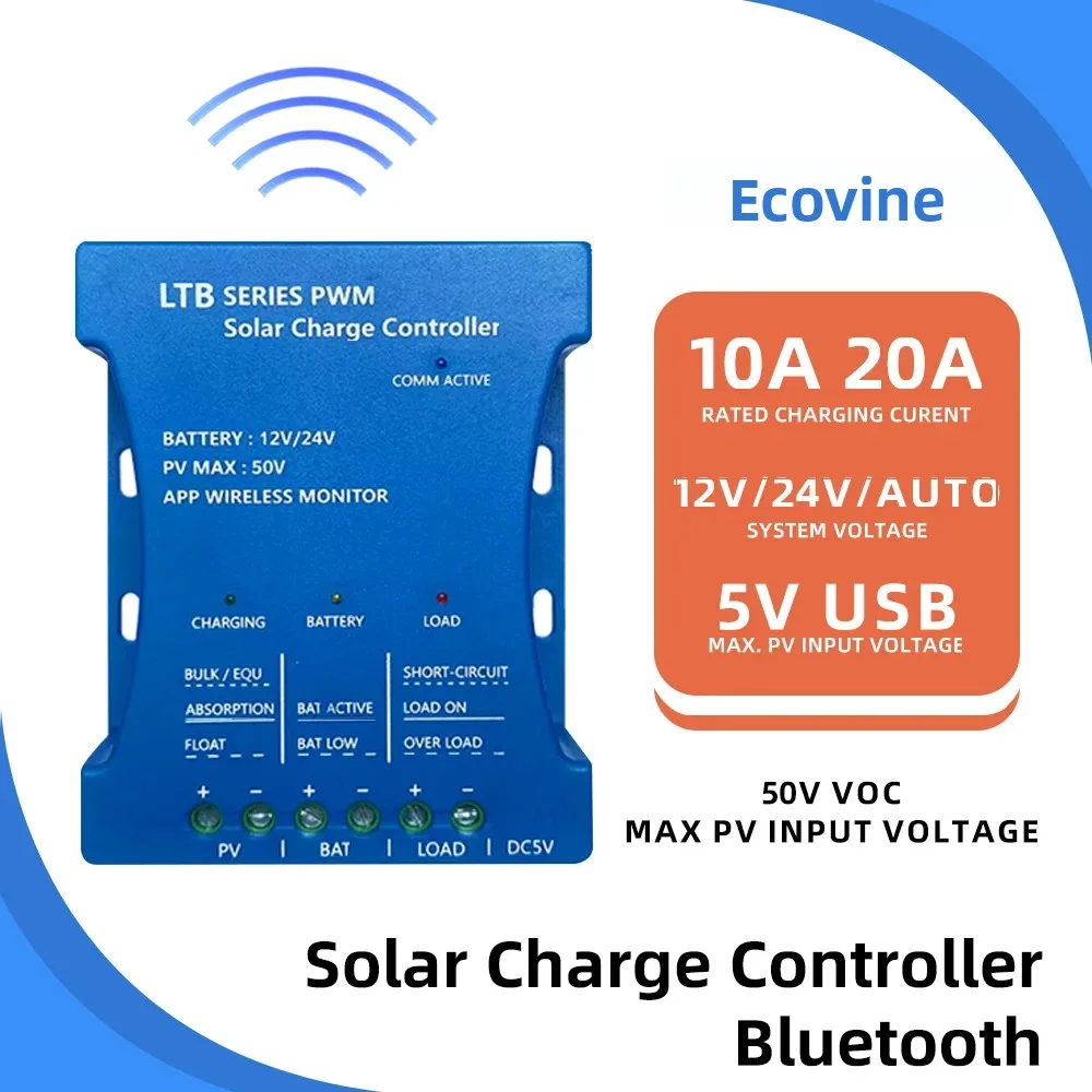 Solar Panel Charge Controller Bluetooth 12V 24V PWM 10A 20A Automotive Battery Charger Regulator  USB Output 5V Max PV 50V DC