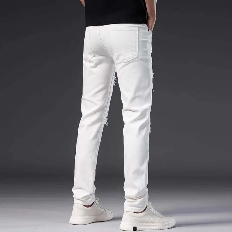 Y2k designer fashion new jeans scratch wash nostalgic stretch slim fit perforated patch white men's jeans retro pants hombre