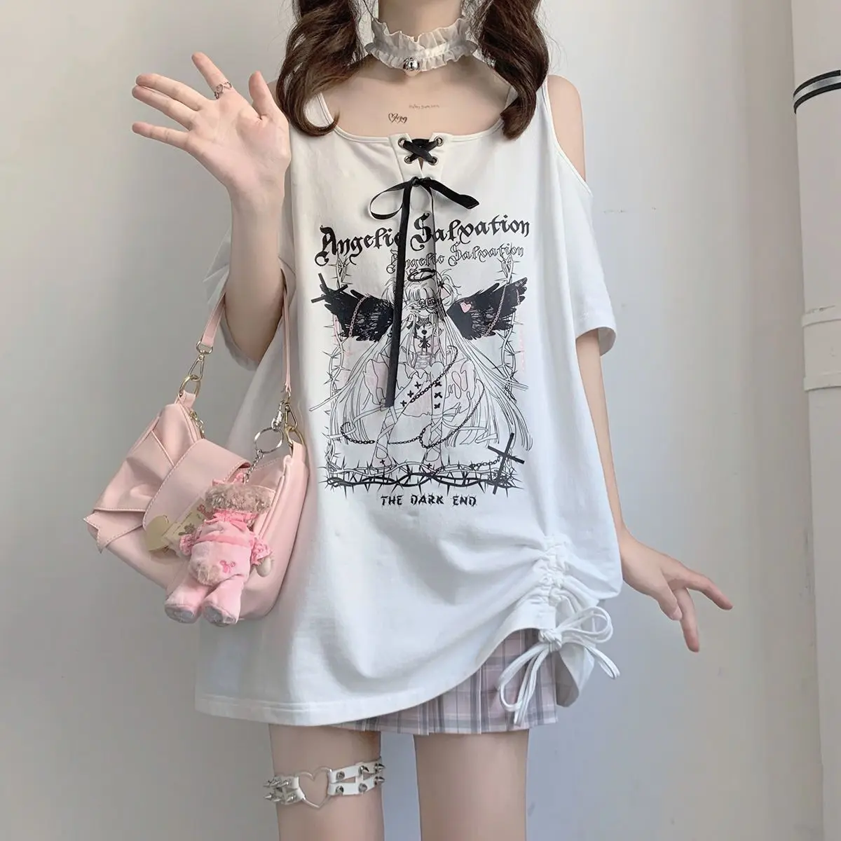 Harajuku Cartoon Print Kawaii T-shirt Women Off Shoulder Graphic T Shirts Fairy Grunge Y2k Aesthetic Tee Gothic Graphic Camiseta