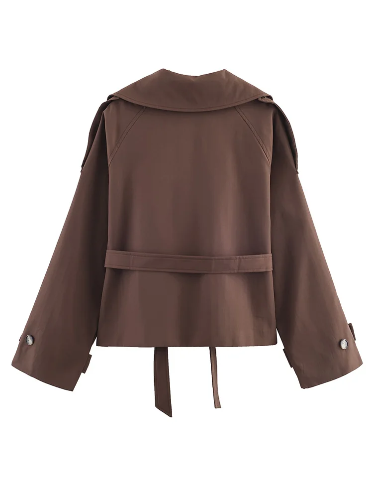 HH المرأة الخريف الرجعية جيب العصرية سترة طويلة الأكمام مع حزام تزيين المرأة زر بدوره إلى أسفل طوق الصلبة معطف قصير #6