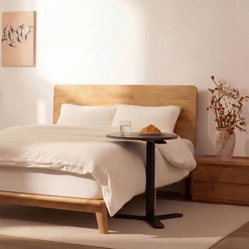 

Solid Wood Platform Bed with Adjustable Side Table, Storage and Charging Station, Gas Lift Height End Table, Minimalist Japanese
