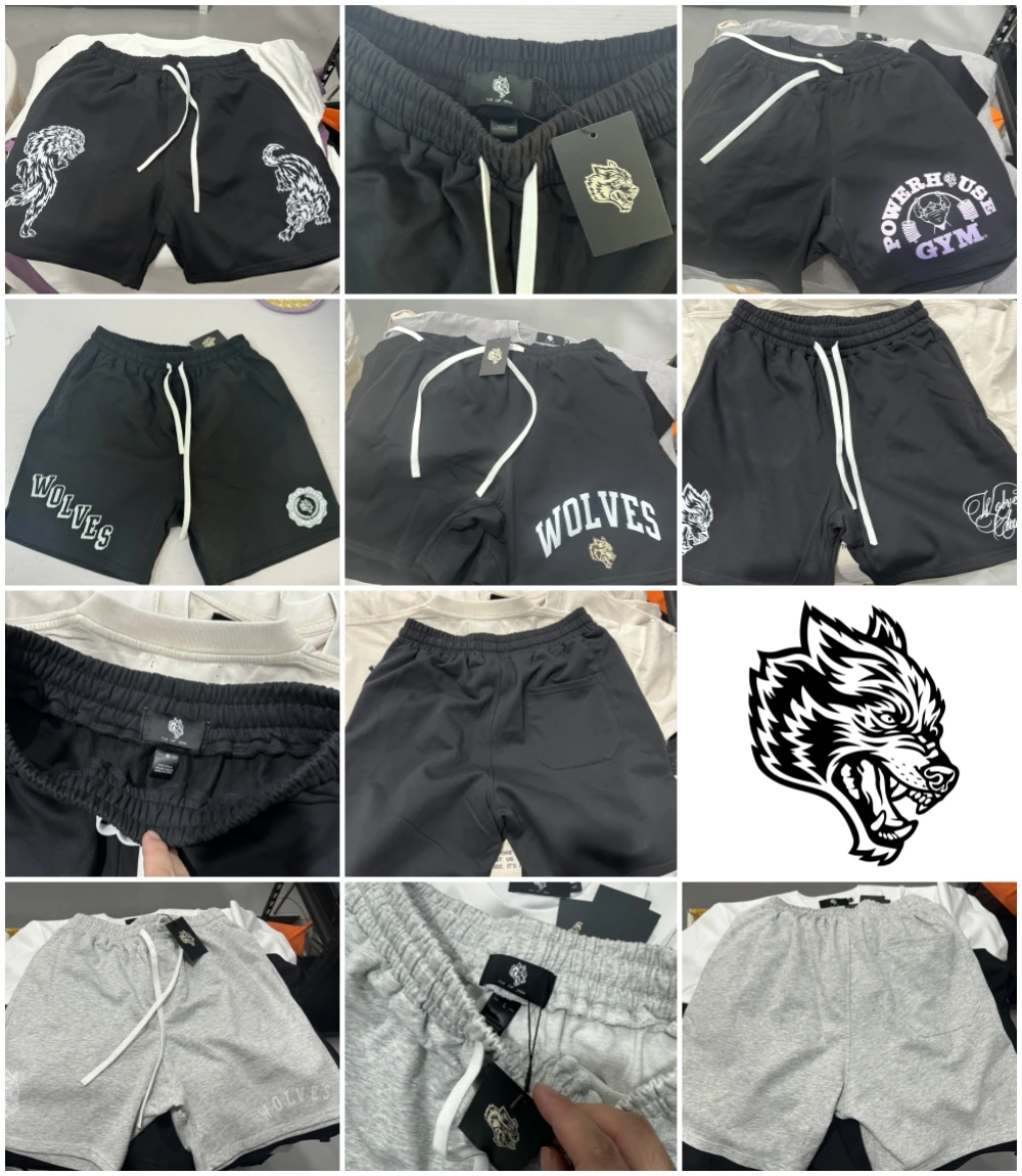 WOLVES Print Sport Terry Material Shorts Fitness Cotton Workout Bodybuliding Men Gym Basketball Running Bottoms US SIZE