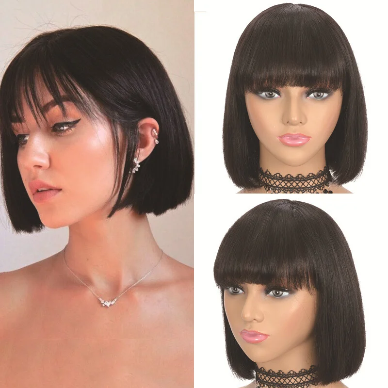 Natural Black Short Bob Wigs With Bangs T Part Lace Front Human Hair Wigs