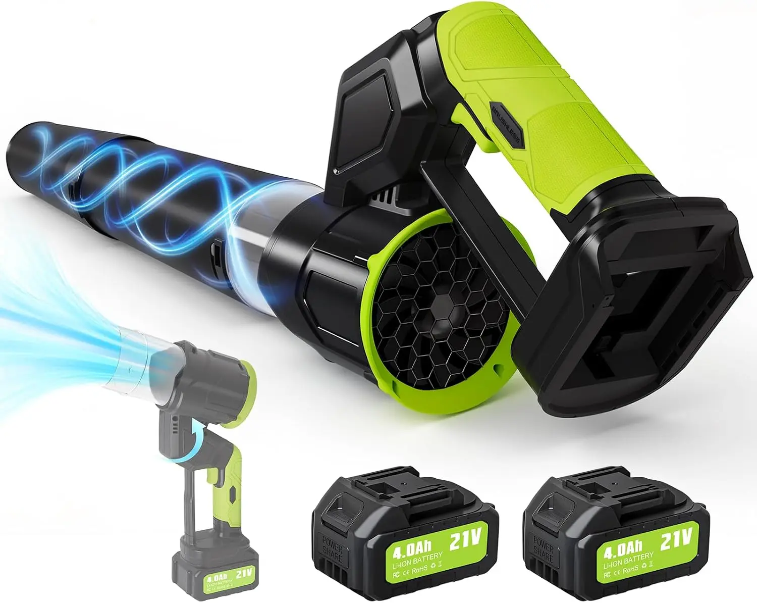 Cordless Leaf Blower, Electric, Green, Equipped with 2-in-1 Rotatable Handle