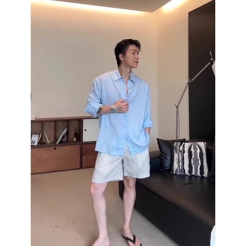 Loose Fit Long Sleeve Men's Shirt Summer Lightweight Casual Style Blue Polyester Fabric Comfortable Breathable Button up