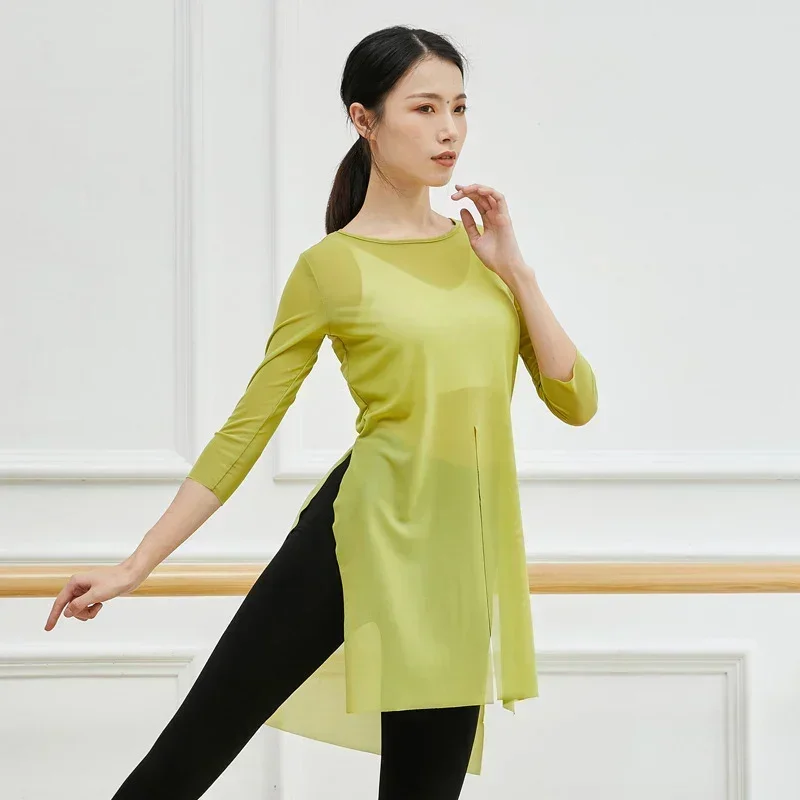 Adult Loose Belly Dance Transparent Sheer Mesh Top Long Shirt Split Fairy Costume for Women Dancing Clothes Dancer Wear Clothing