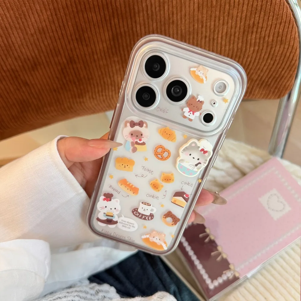 Cute Kitty Dessert Shop Sticker Clear Phone Case For iPhone 18 17 16 15 14 13 Pro Max Tasty Bread Cake Print Shockproof Cover