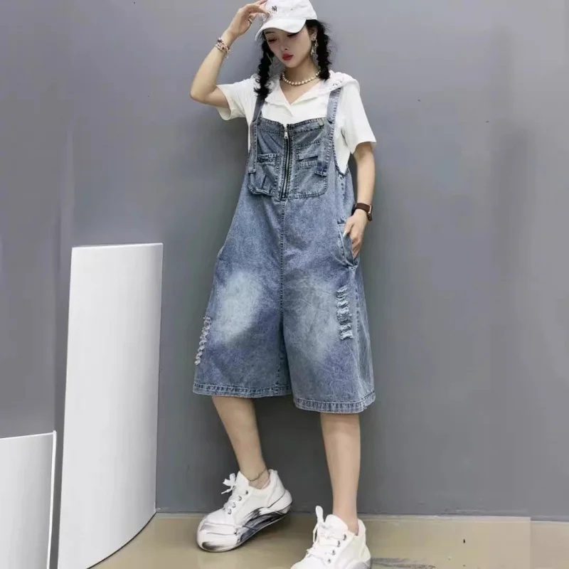 

Summer New Loose Plus Size Workwear Style Ripped Overalls Women Casual Versatile Wide-Leg Pants