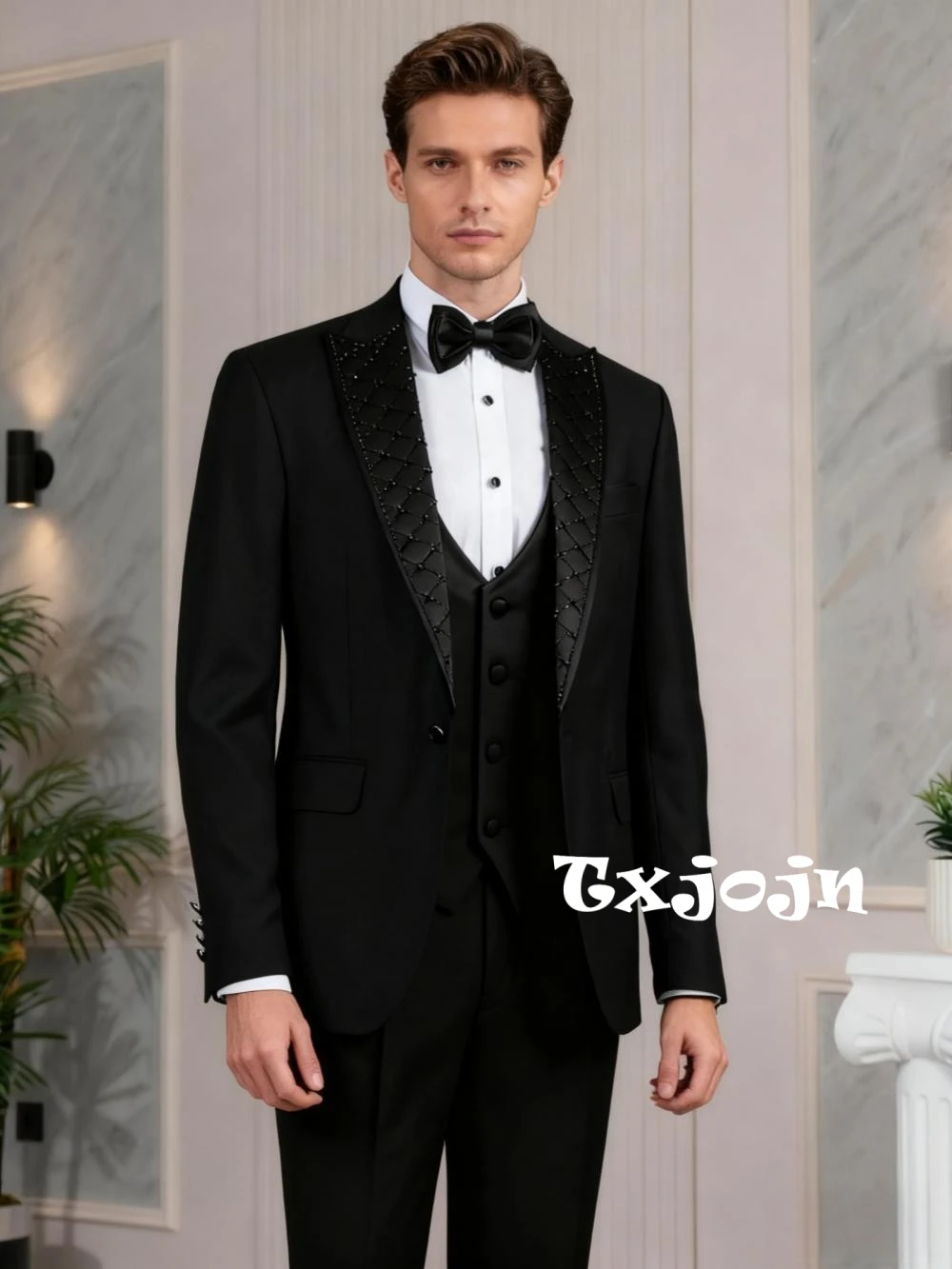 

Black Luxurious Beaded Suits 3 Pieces For Men Wedding Groom Sets,Classic Peak Lapel Men's Suit Set Banquet Party Plus Size