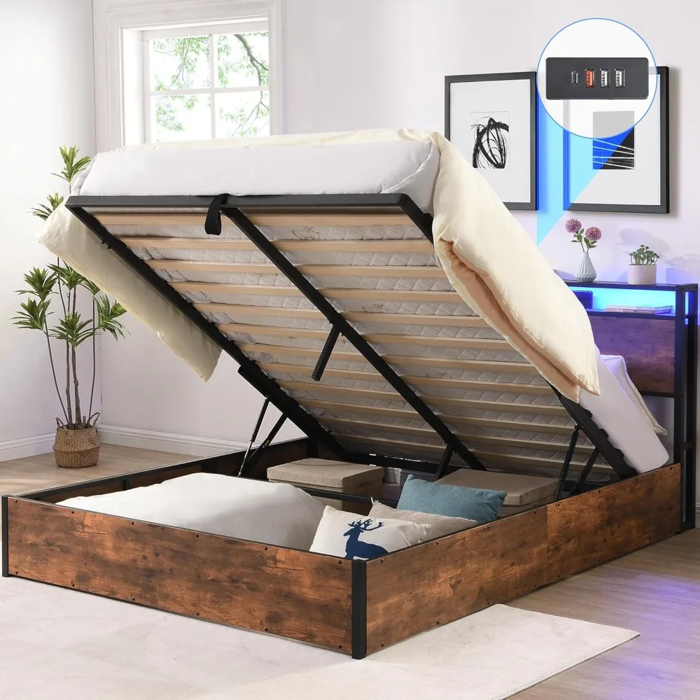 

Full Size Lift Up Storage Bed Frame with Charging Station and LED Lights,Heavy Duty Metal Lift Up Storage Bed Full Size,Hydrauli