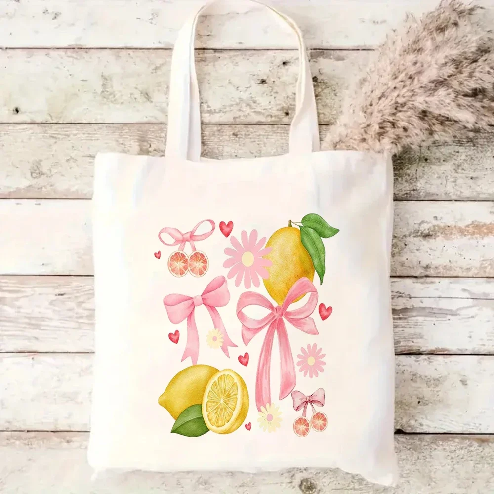 Pastel Coquette Lemon Canvas Tote Bag Bow & Daisy Graphic Handbag For Summer Fan Outdoor Travel Shoulder Bag