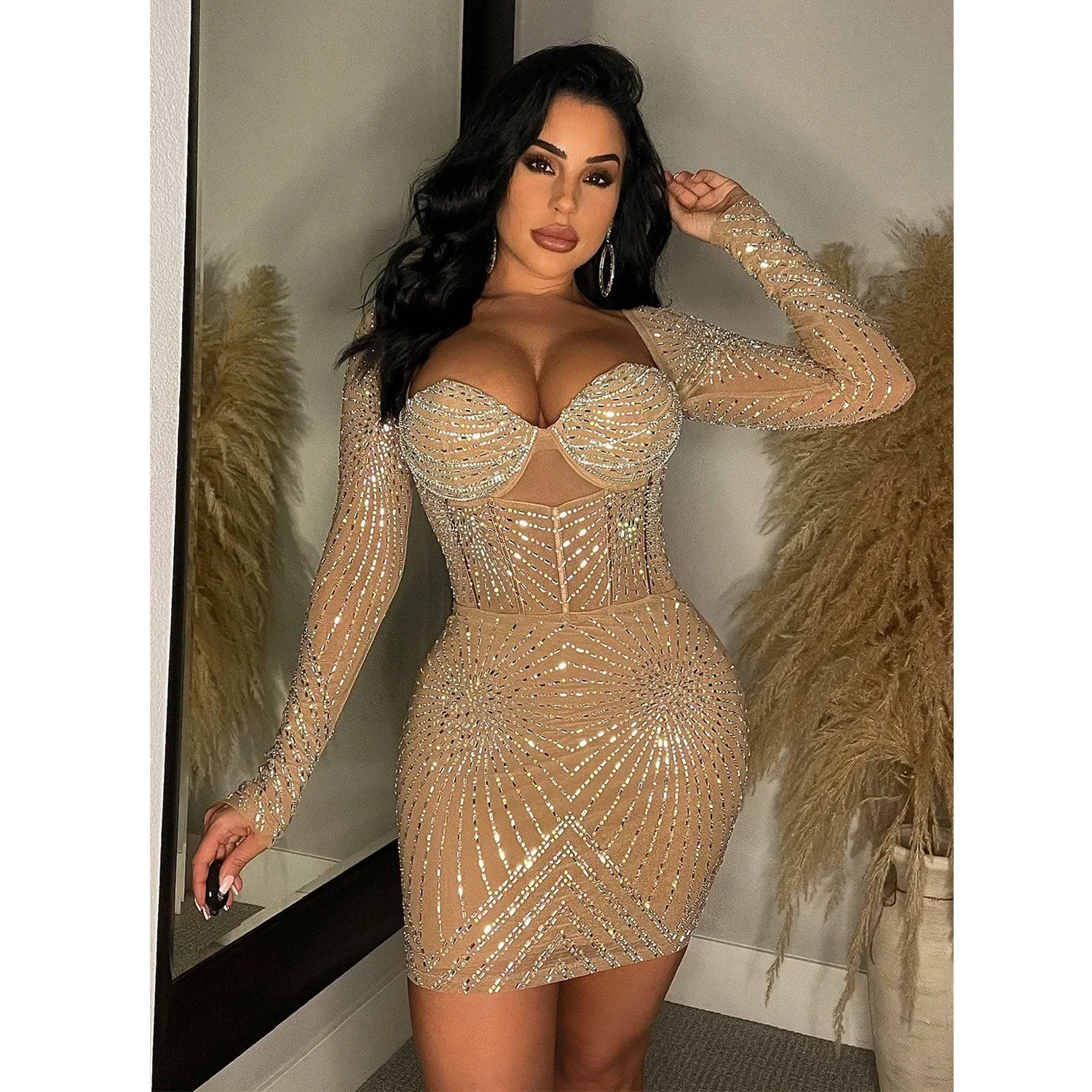 Sexy Hollow Out Diamonds Dress See Through Mesh Mini Hip Wrap Short Dresses Party Club Prom Dress Deep V-Neck Full Sleeve