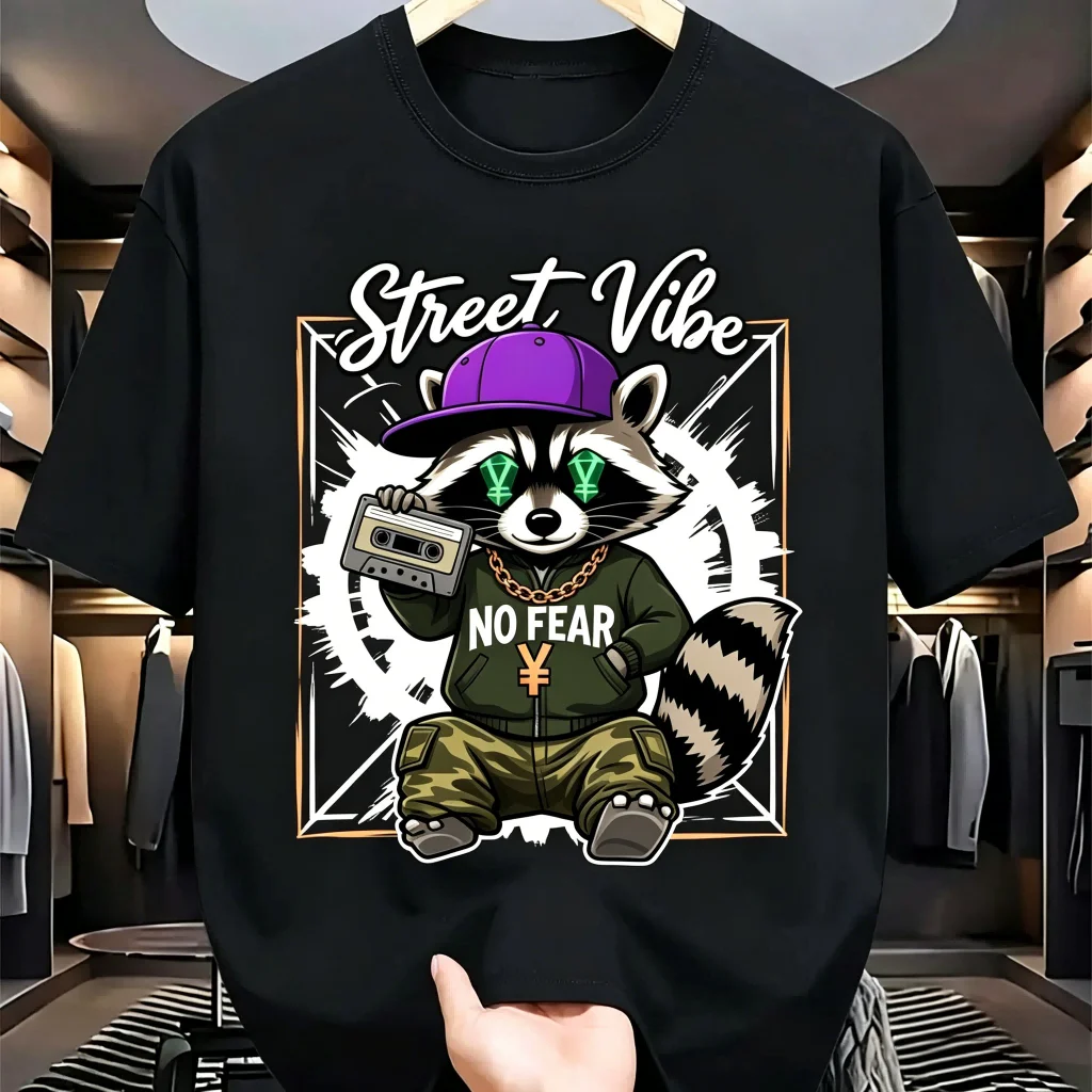 Camiseta de algodón negra con estampado gráfico Cool Street Vibe Raccoon No Fear, camiseta informal con cuello redondo para hombre