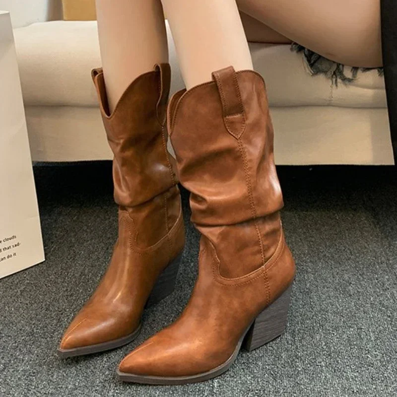 Female Western Boots Cowboy Boots Women Plested Women Ankle  Pu Leather Shoes Autumn Boots Women Booties Lady Plus Size 42