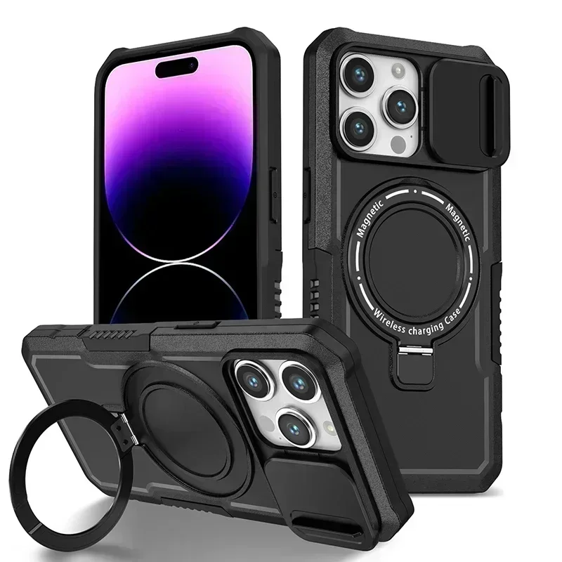 Armor Stand Holder Full Slide Cap Phone Case For IPhone 15 14 13 12 11 Pro Max Plus Magsafe Wireless Charge Magnetic Cover