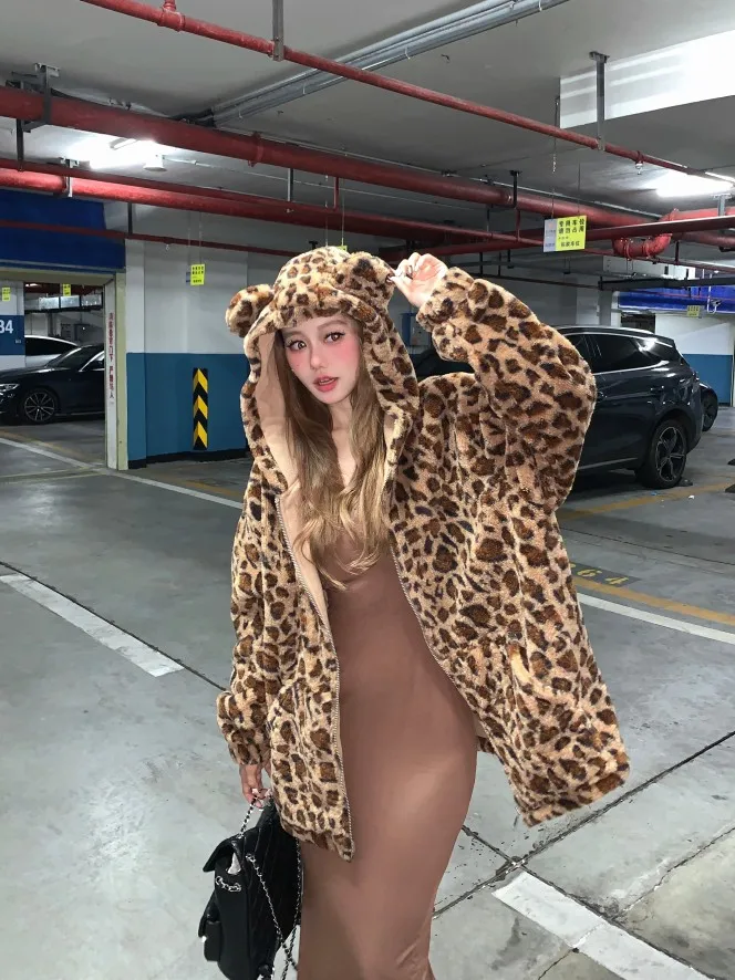 Leopard Print Plush Coat Autumn Winter New Fashion Bear Ears Preppy Style Thick Sweet Cute Cotton Clothing Kawaii Warm Jackets