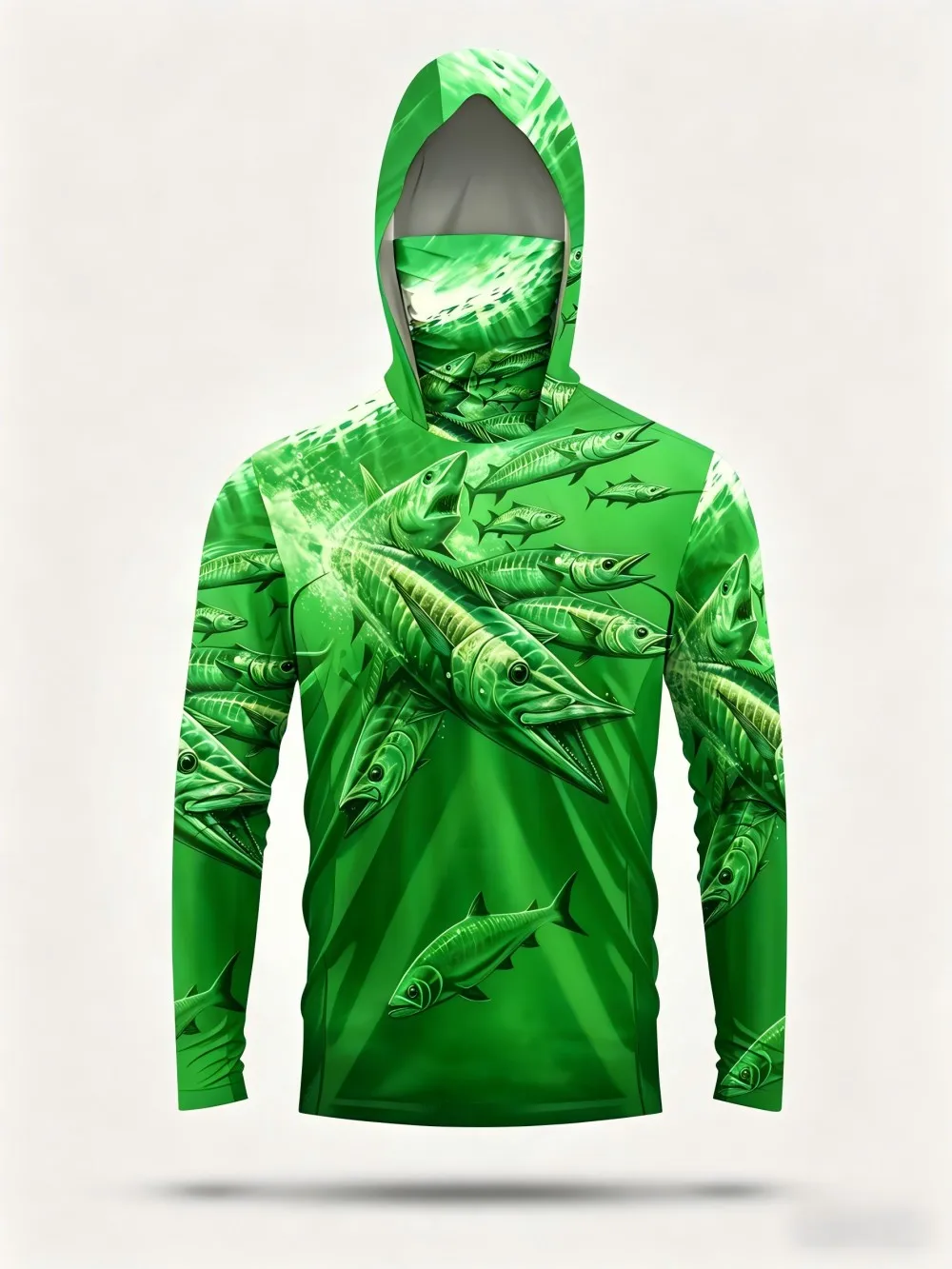 Men's summer fashion fish school print comfortable breathable hooded fishing suit long sleeved T-shirt outdoor casual top view 4