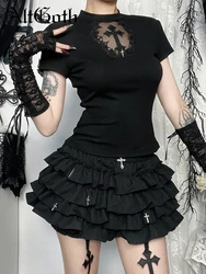 AltGoth Dark Gothic Basic T-shirt Women Cyber Punk Aesthetic Cross Mesh Patchwork See Through Short Sleeve O-neck Crop Tee Tops