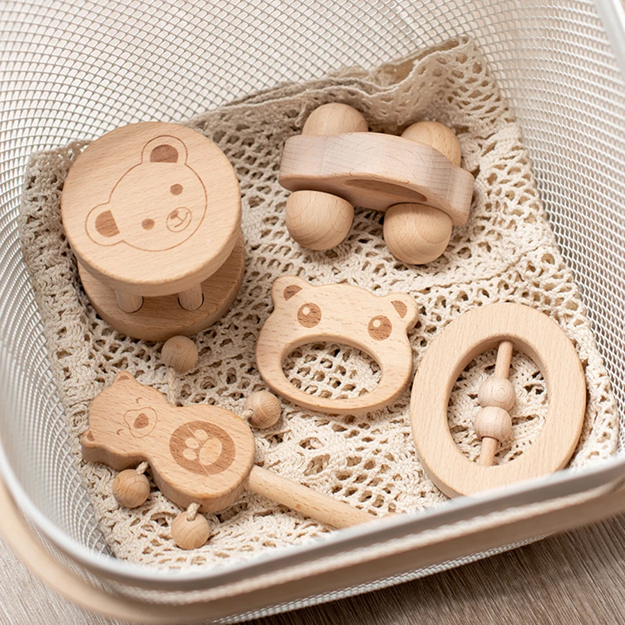 1Set Baby Toys Music Rattle Wood Crochet Bead Bracelet Wooden Rodent Chew Play Gym Montessori Baby Teether Products Newborn Gift