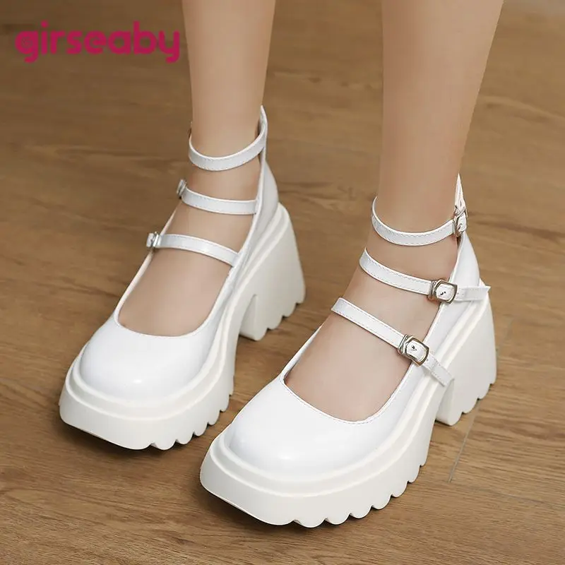 

Женские туфли Girseaby в стиле ретро с круглым носком, на толстом каблуке 8 см, на платформе, с ремешком и пряжкой, блестящие туфли Мэри Джейн в стиле Лолита, ручная работа