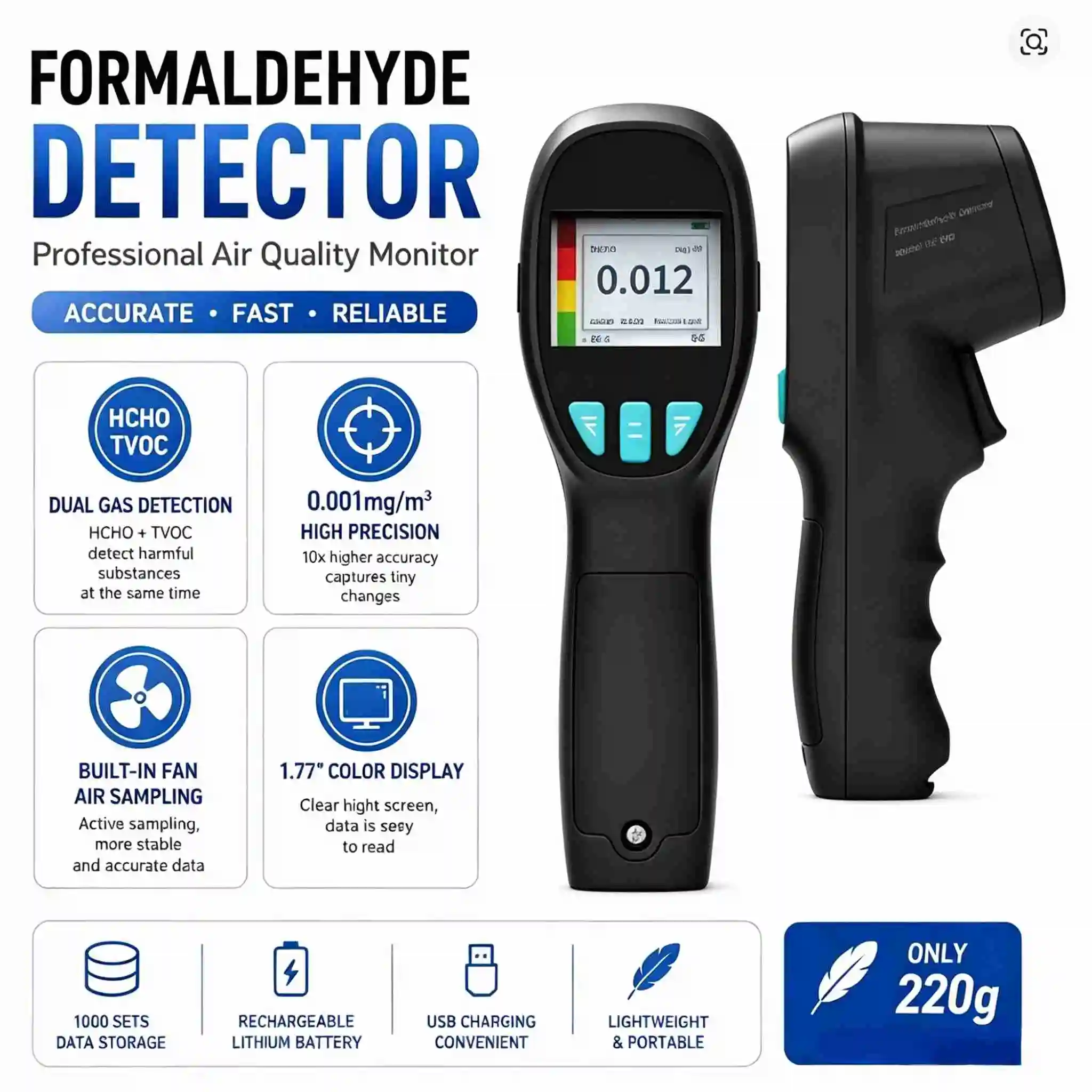 Portable Formaldehyde TVOC Detector Indoor Air Quality Monitor HCHO Tester with Fan Sampling 0.001mg/m³ Data Storage Alarm
