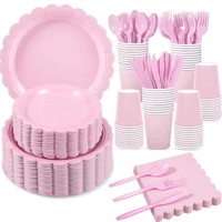 Multi Piece Pink Party Utensil Set Including Paper Tray, Napkins, for Weddings, Birthdays, Valentine's Day  Party Supplies.