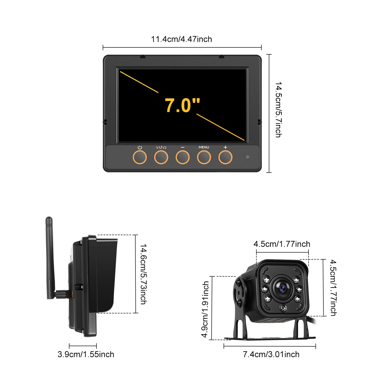 Podofo Kabelloser Auto-Monitor mit 720P Rückfahrkamera, Auto-Backup, IP68 Wasserdicht, BSD Manueller Fokus, Punkt-Warnung für Auto und LKW – Detail 16