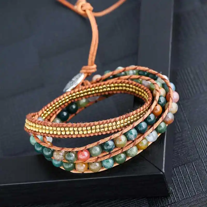 6mm 3 Layer Natural Mixed Stone Bead Leather Wrap Bracelet Adjustable Boho Wristband for Women Men