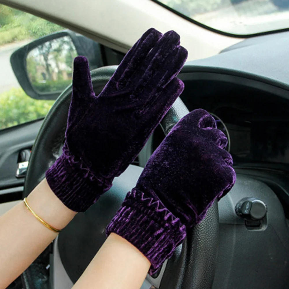 

Winter Party Warm Soft Solid Women Elastic Full Finger Mittens Gold Velvet Gloves Driving Gloves