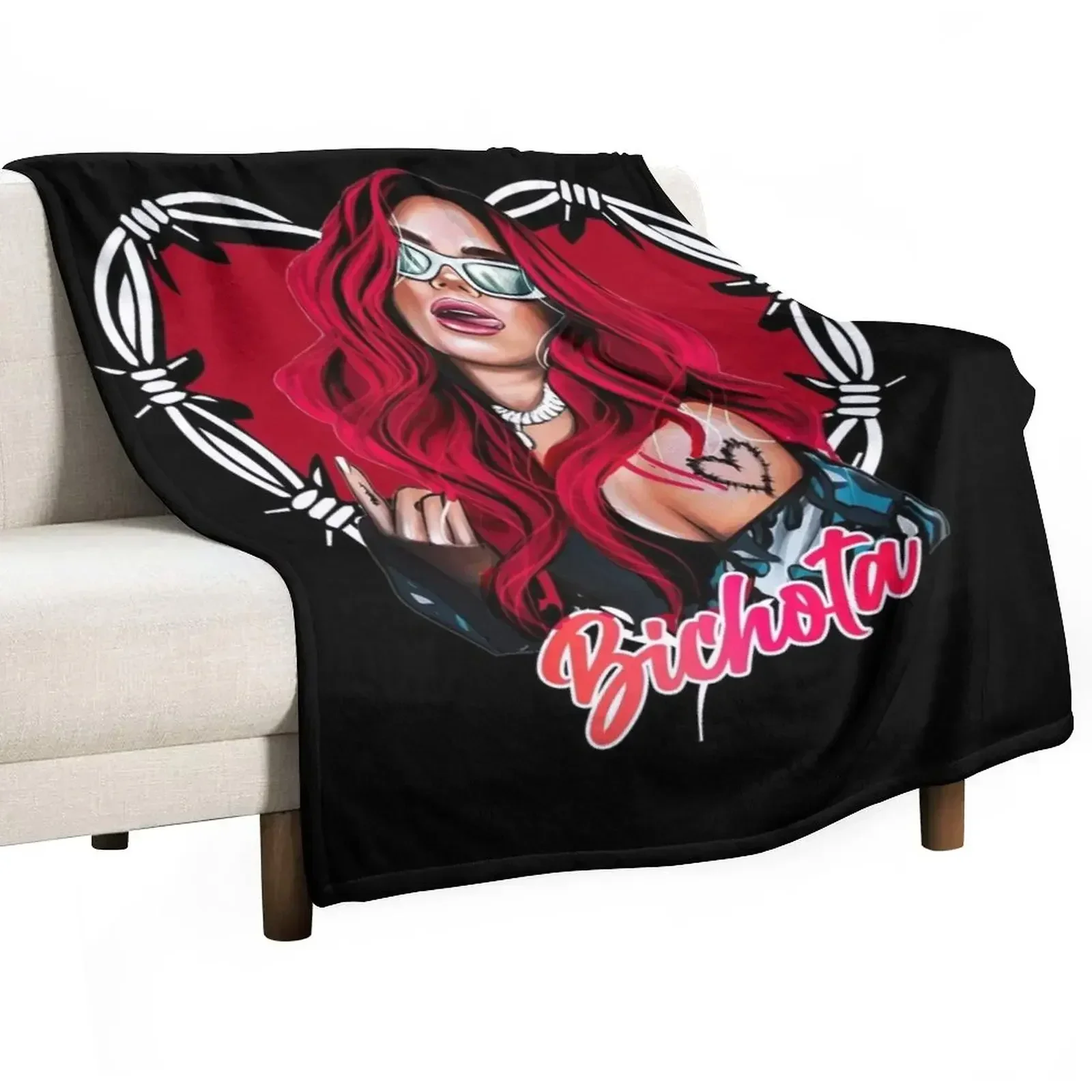 

Karol G with red Hair Illustration with Bichota Throw Blanket Cozy Warm Blanket for Bed Room Decor