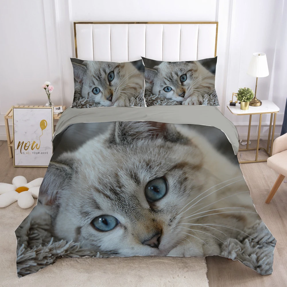 Cat Duvet Cover Set Lovely Animal Kitten Printed Quilt Cover Kids Teens Girl Animal Double Queen King Size Polyester Bedding Set