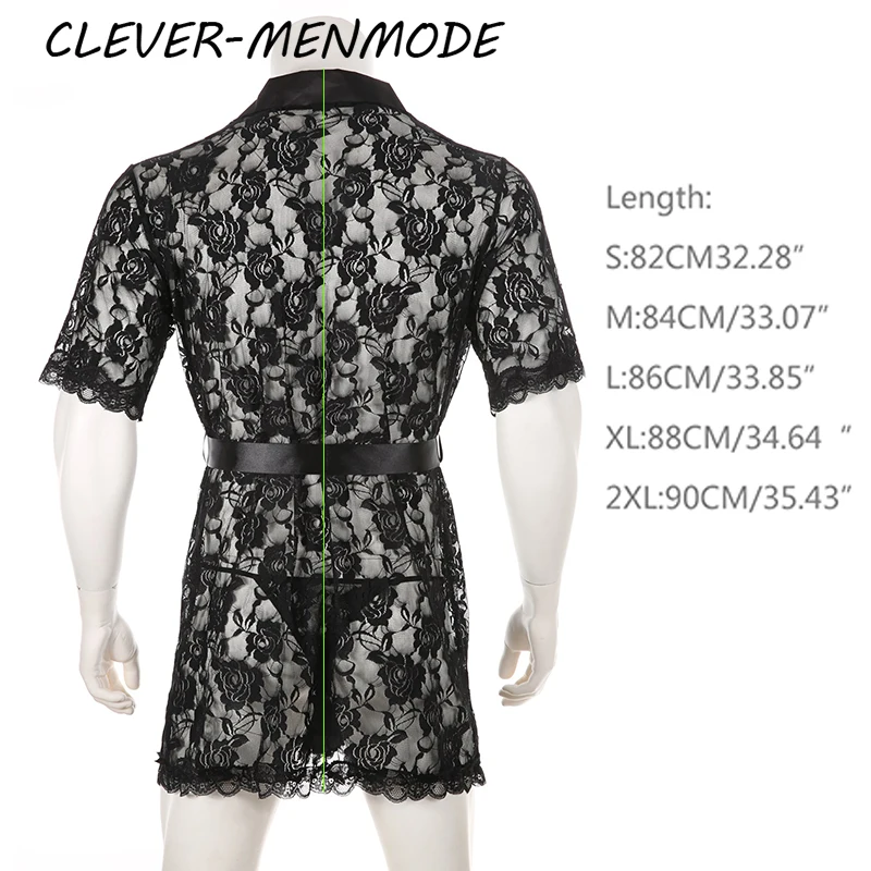 Men Sexy Bathrobe With Thong Long Lace Mesh Belt Transparent Pajamas See Through Long Robe Beachwear Dressing Gown