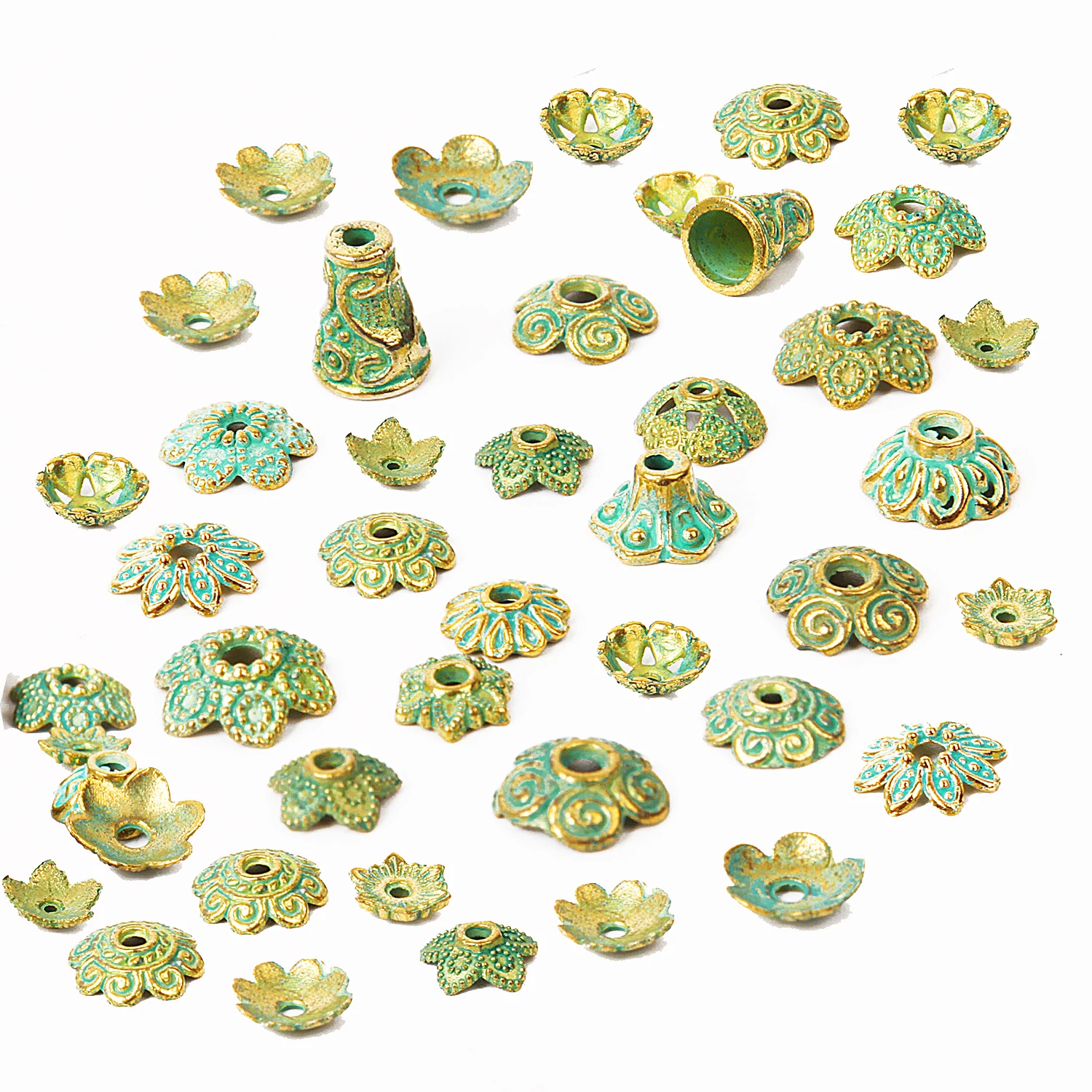 150pcs Mixed Antique Green Gold End Bead Caps Carved Flower Beads for Jewelry Making Women Necklace Bracelet DIY Accessories