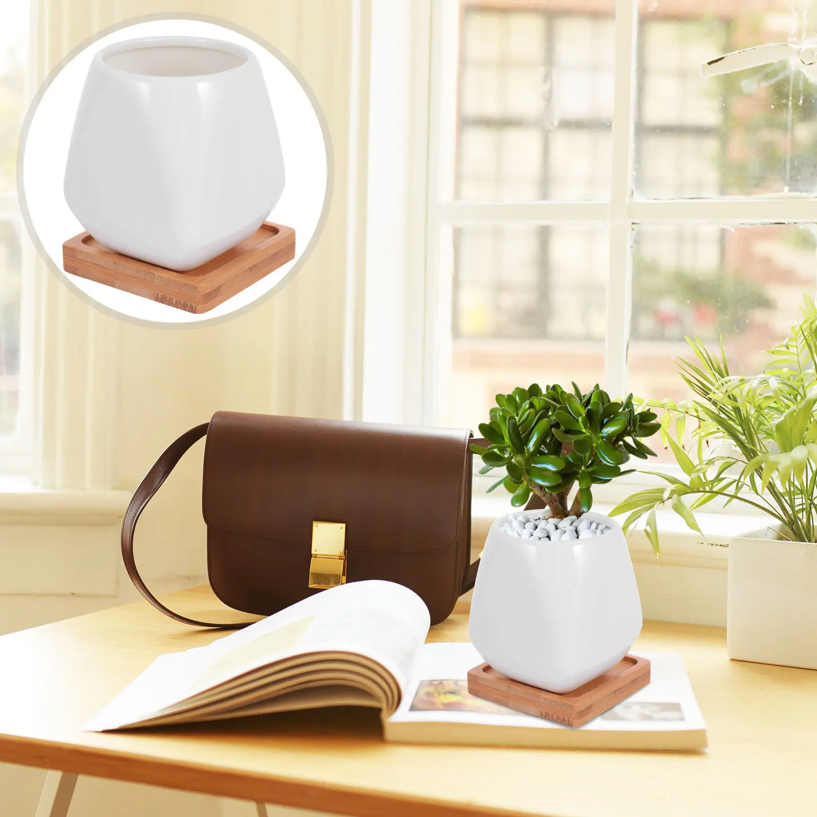 

Набор миниатюрных керамических кашпо: креативные цветочные горшки с бамбуковыми поддонами для дома, офиса, декора стола, сада, для суккулентов