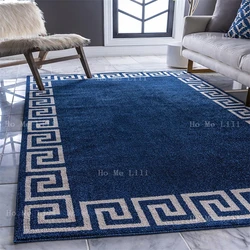 Classic Geometric Modern Border Design Flannel Floor Rugs Navy Blue Beige Carpet For Home Decoration