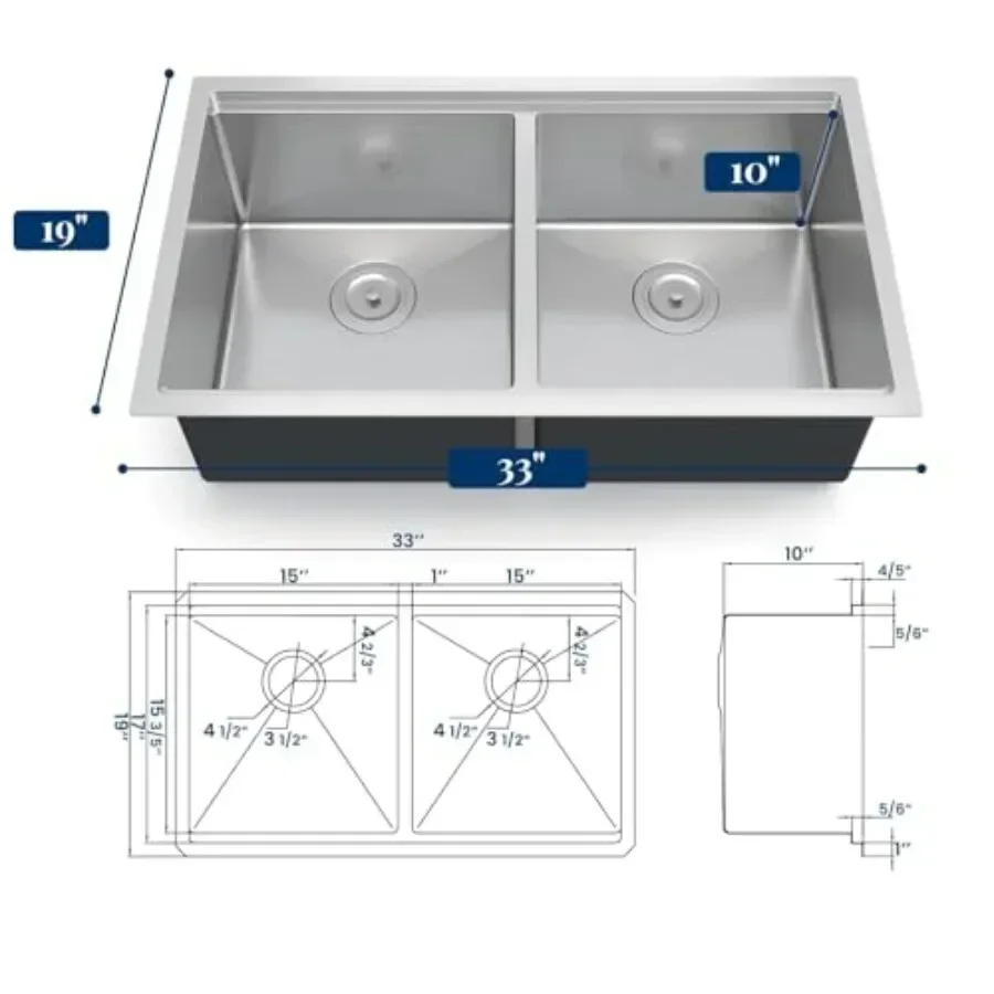 Kitchen sink for undermount workstation use, 16 gauge stainless steel, brushed finish, 33×19×10 inch deep basin with ledge, inc