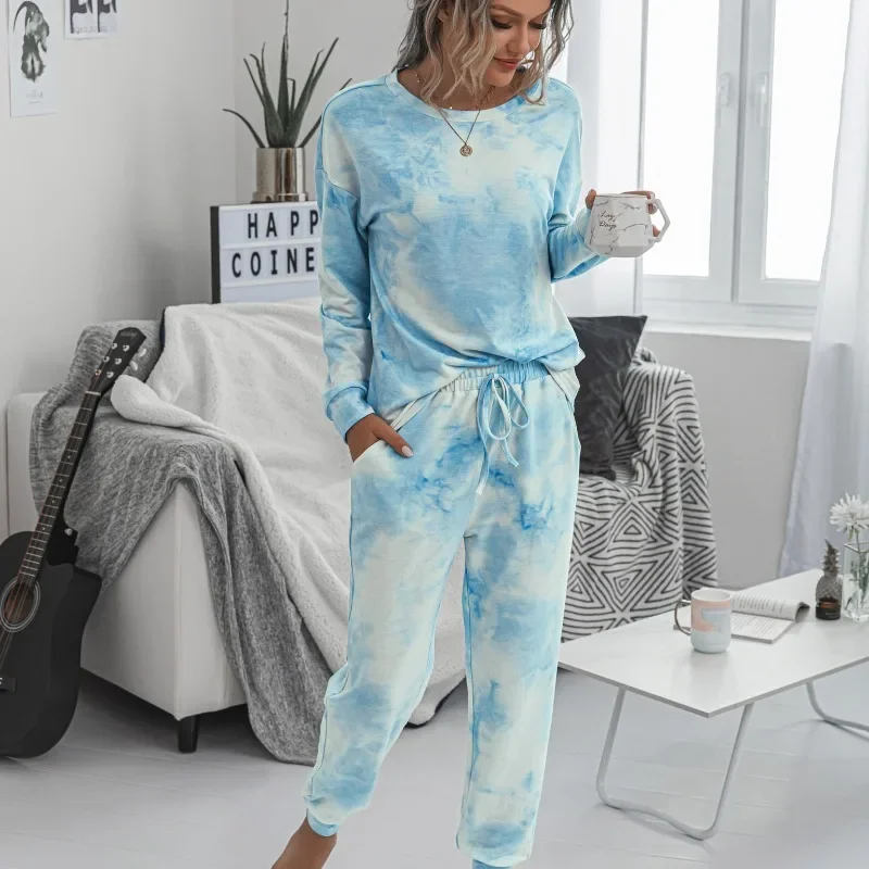 Womens Tie Dye Printed Long Sleeve Tops and Pants Long Pajamas Set Joggers PJ Sets Nightwear Loungewear