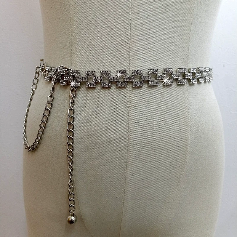 

Women's Silver Shiny Diamonds Metal Chain Cummerbunds Female Dress Corsets Waistband Belts Decoration Narrow Belt TB359