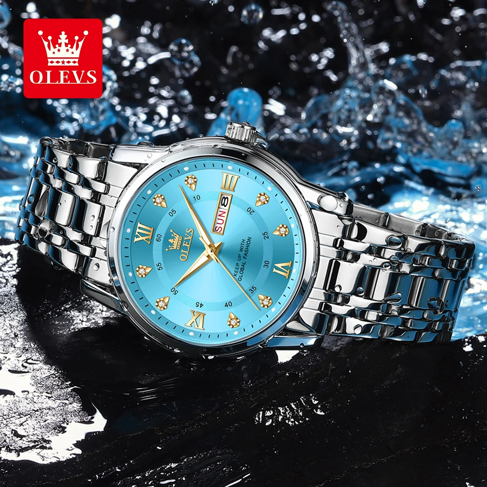 OLEVS 5513 Exclusive Original Quartz Watch for Men Diamond Roman Scale Waterproof Wristwatch Dual Calendar Stainless Steel Watch